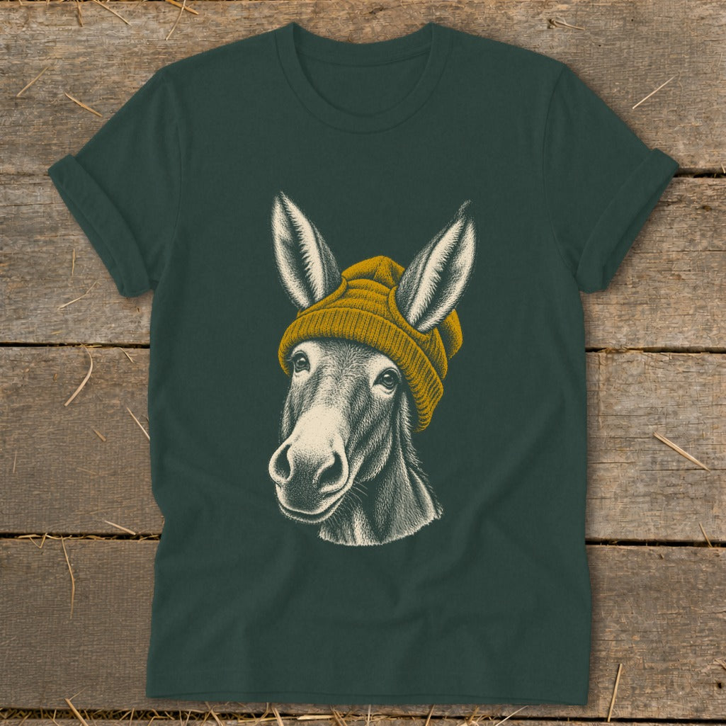 Dark green t-shirt with a detailed illustration of a donkey wearing a yellow beanie.