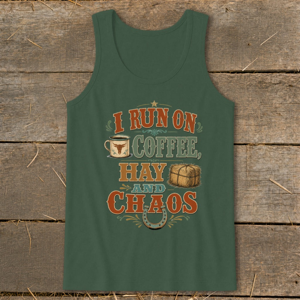 Green tank top with "I Run on Coffee, Hay, and Chaos" text, coffee cup, and hay bale.