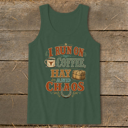 Green tank top with "I Run on Coffee, Hay, and Chaos" text, coffee cup, and hay bale.