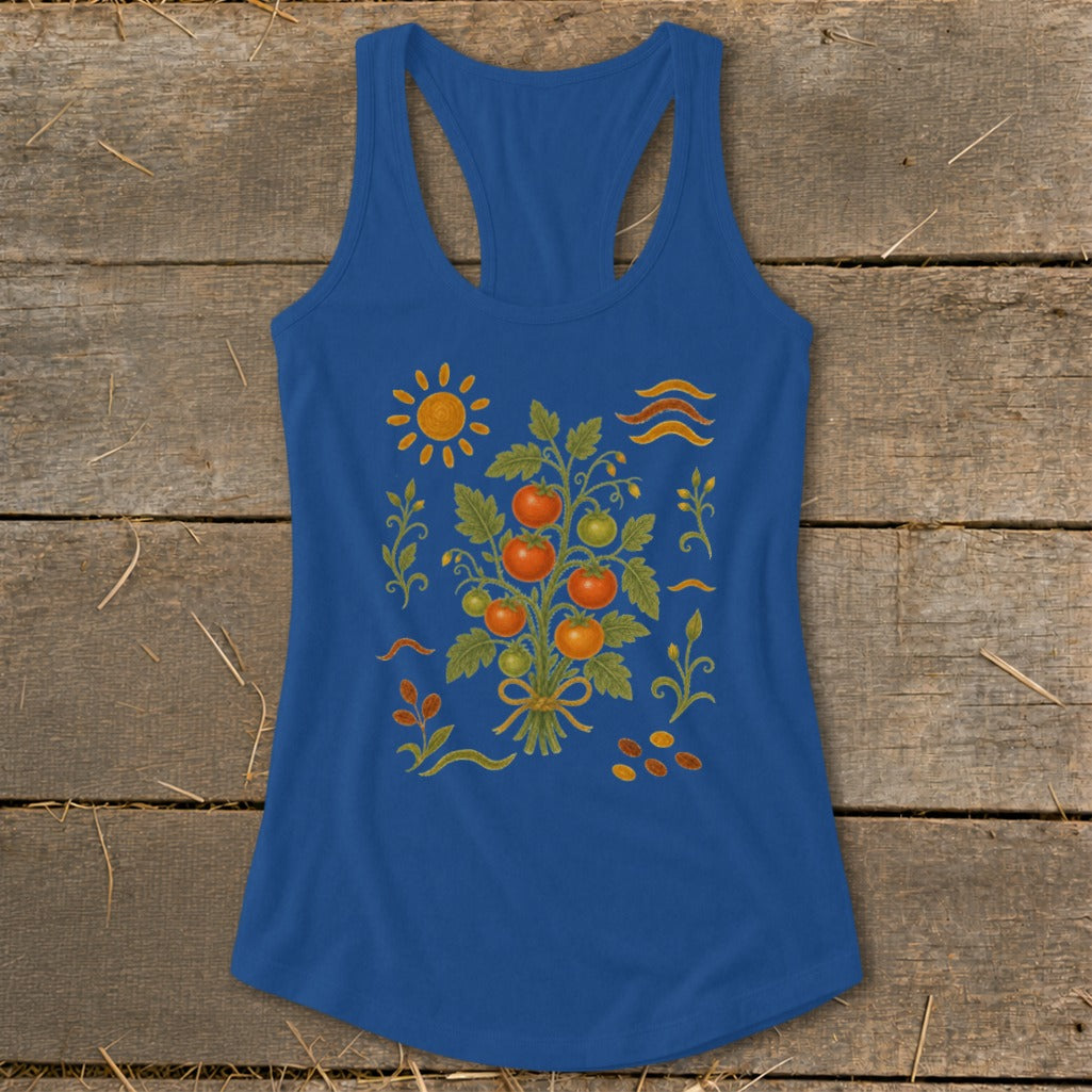 Blue tank top with a printed illustration of a tomato plant with sun and seeds.