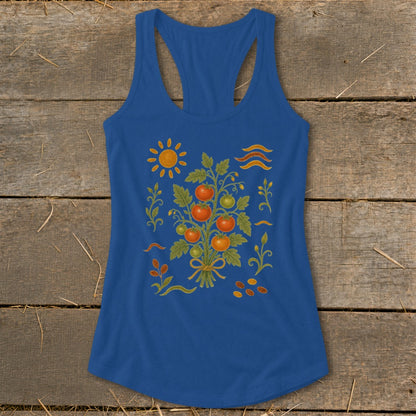 Blue tank top with a printed illustration of a tomato plant with sun and seeds.