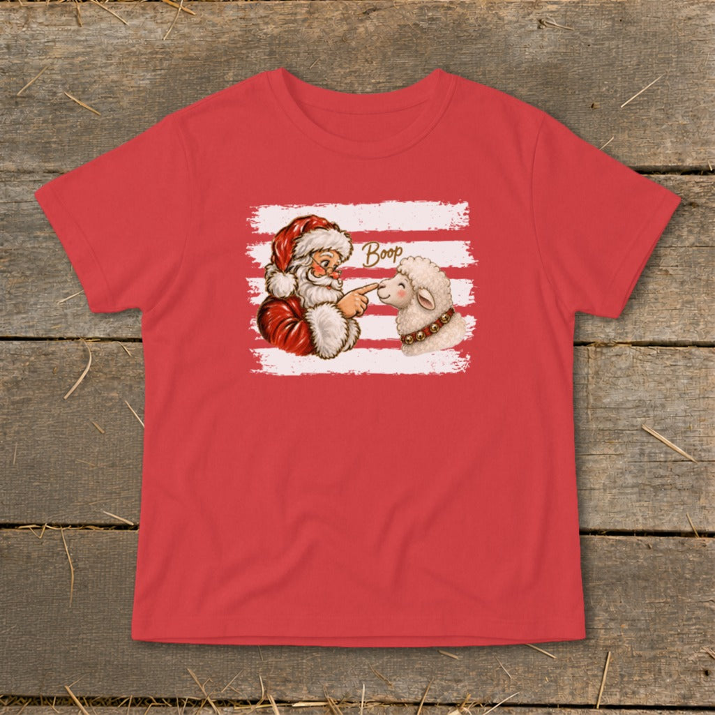 Santa boops a sheep with "Boop" text on a red t-shirt with striped background.