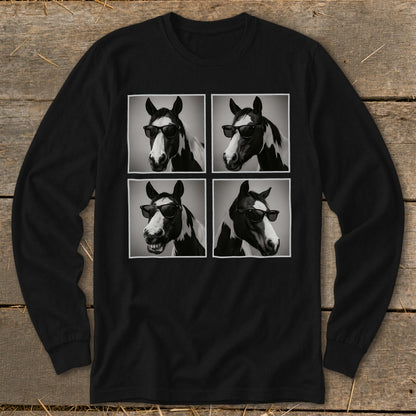 Four black and white portraits of a piebald horse wearing sunglasses.
