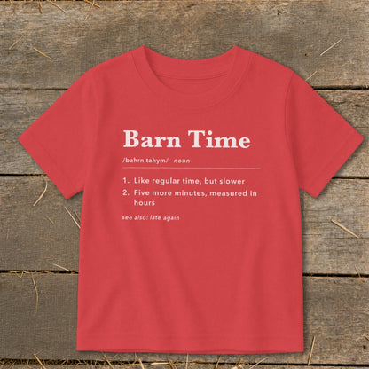 Red t-shirt with "Barn Time" definition, including pronunciation and humorous meanings.
