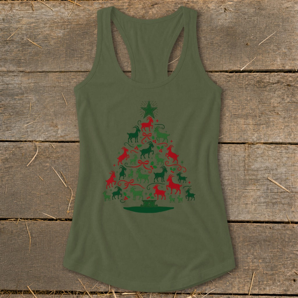 Green tank top with Christmas tree design made of red and green goats.