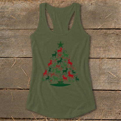 Green tank top with Christmas tree design made of red and green goats.