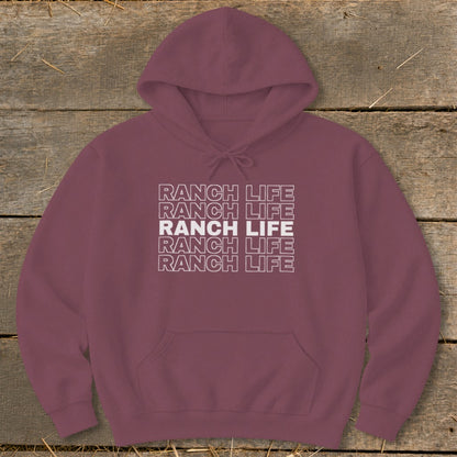 Maroon hoodie with a front pouch pocket and white block text reading RANCH LIFE.