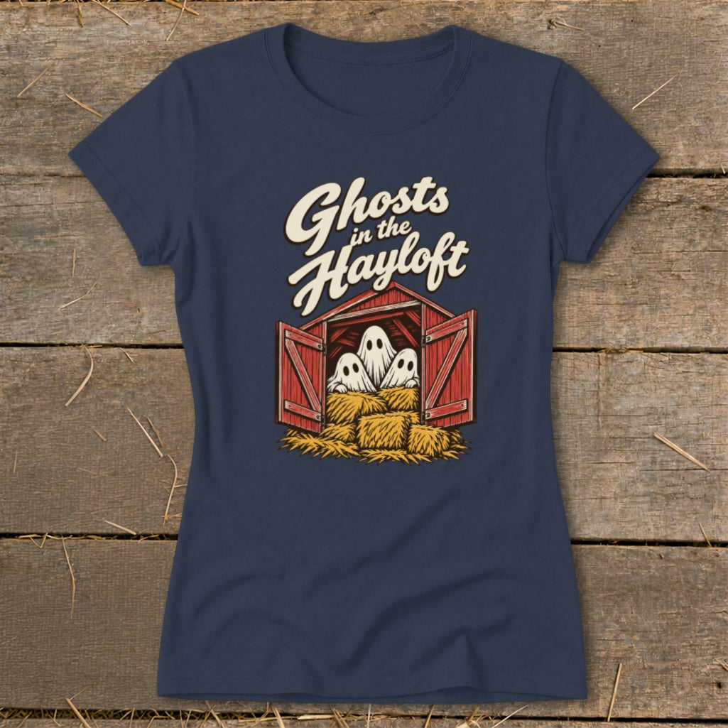 Ghosts in the Hayloft graphic with three ghosts in a barn on hay bales.