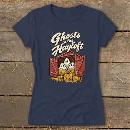 Ghosts in the Hayloft graphic with three ghosts in a barn on hay bales.
