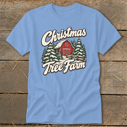 Light blue t-shirt with "Christmas Tree Farm" text and barn graphic.