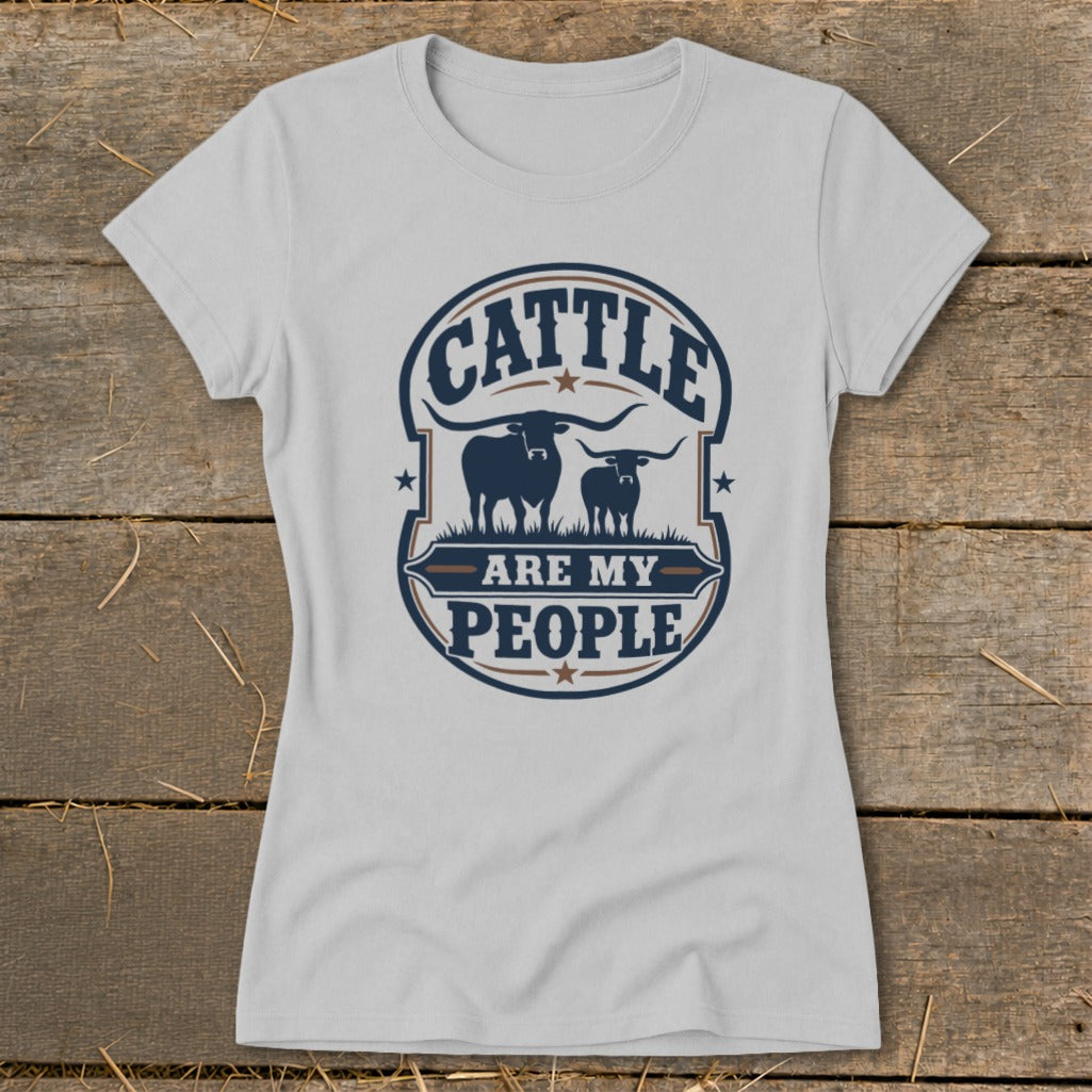 T-shirt with "Cattle are my people" text and two longhorn cattle graphics.