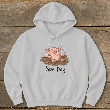 Grey hoodie with a pig relaxing in mud and the text "Spa Day".