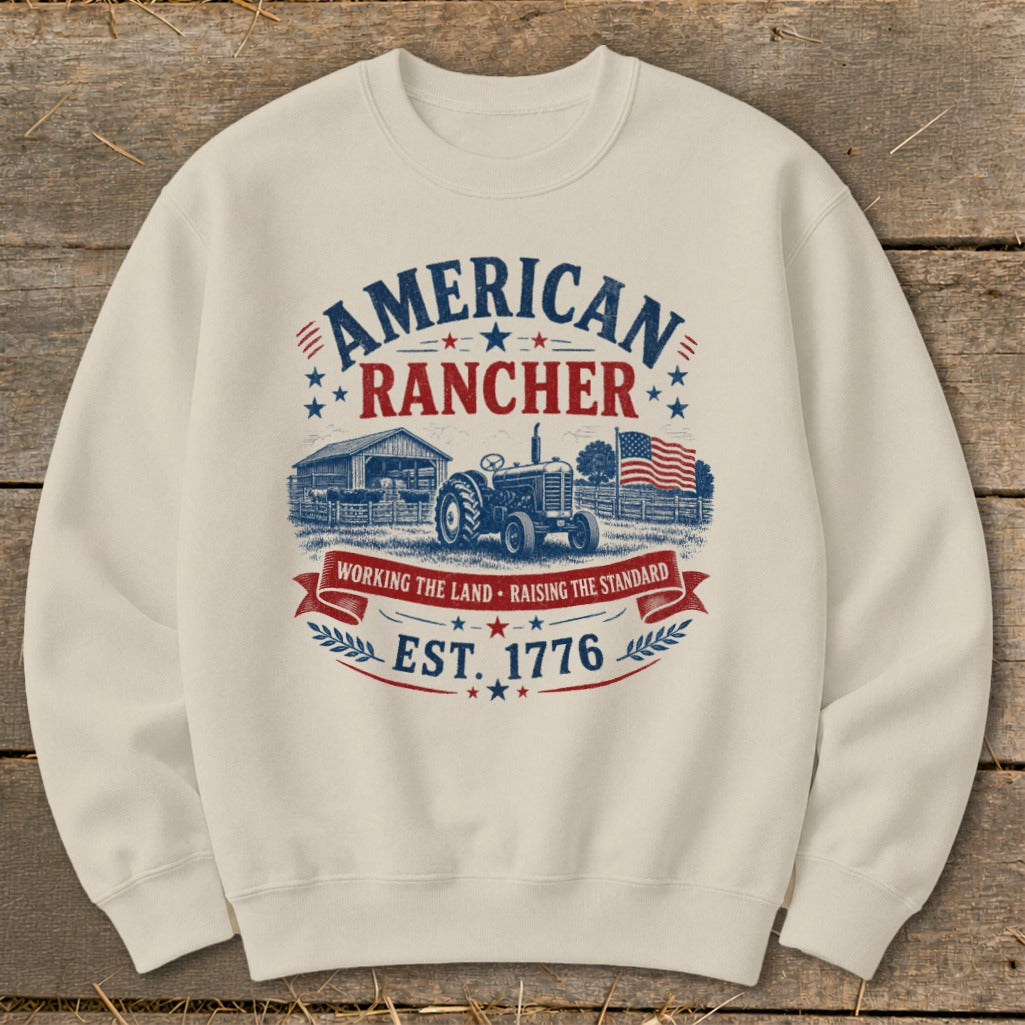 American Rancher design with tractor, barn, and flag; "EST. 1776"