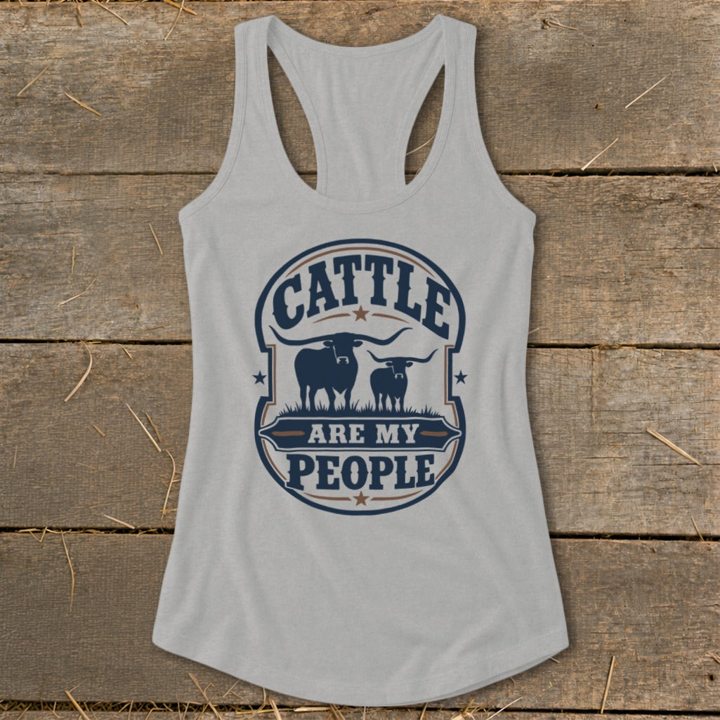Grey tank top with a circular graphic featuring cattle and the text "Cattle are my people".