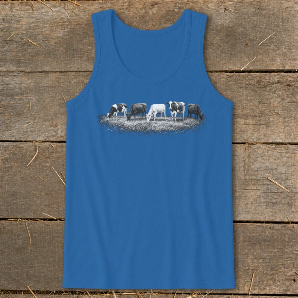 Blue tank top with graphic of five cows grazing in a field.