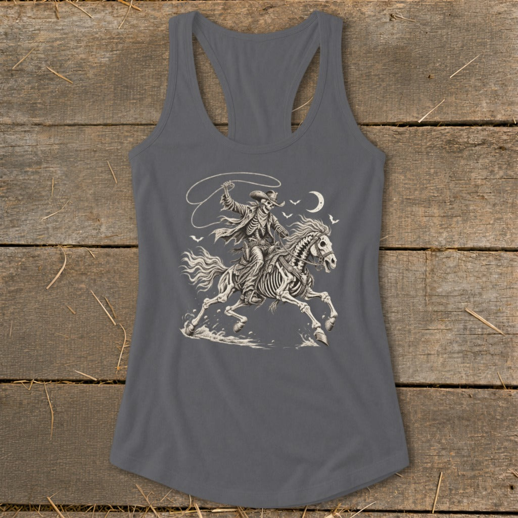 Grey tank top with a skeleton cowboy on a skeleton horse graphic.