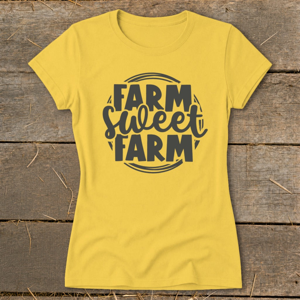 Yellow t-shirt with "Farm Sweet Farm" text in a circle.