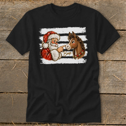 Santa booping a horse's nose with "Boop" text on a black t-shirt.