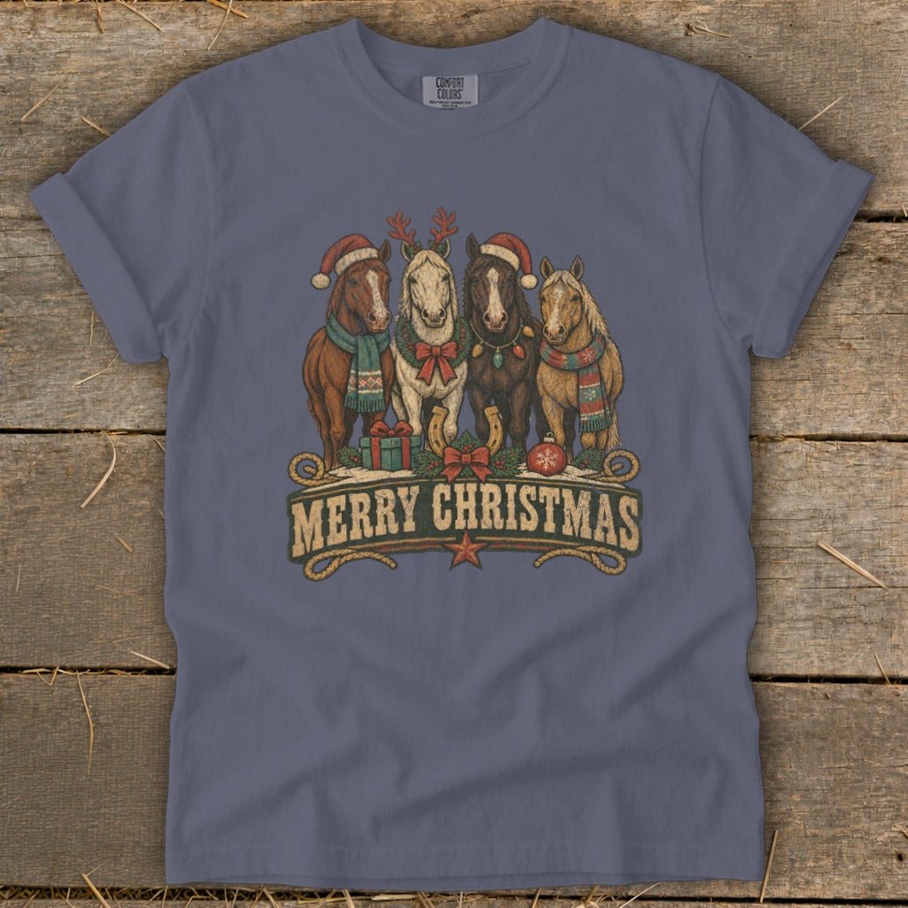 Four horses wearing Santa hats and scarves with "Merry Christmas" text.