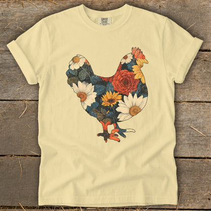 Yellow t-shirt with a floral chicken graphic and "COMFORT COLORS" label.