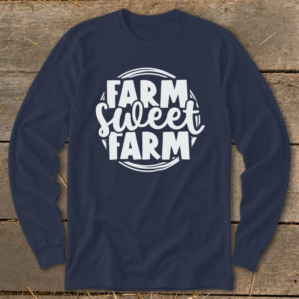 Navy long sleeve shirt with white "Farm Sweet Farm" text design.