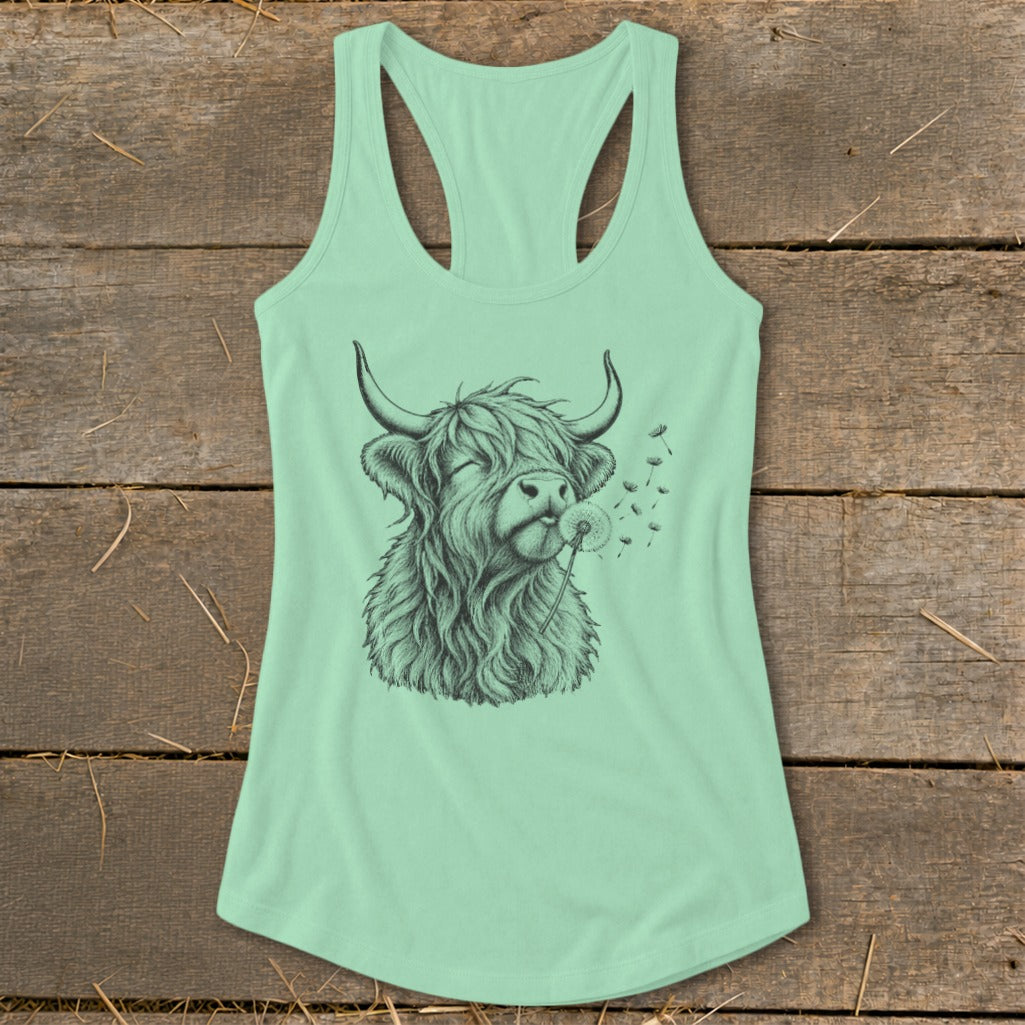 Highland cow with eyes closed blows on a dandelion on a mint green tank top.