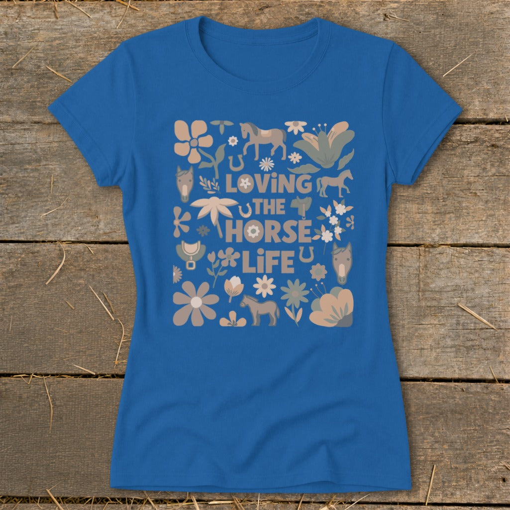 Blue t-shirt with "Loving The Horse Life" text and horse and floral graphics.