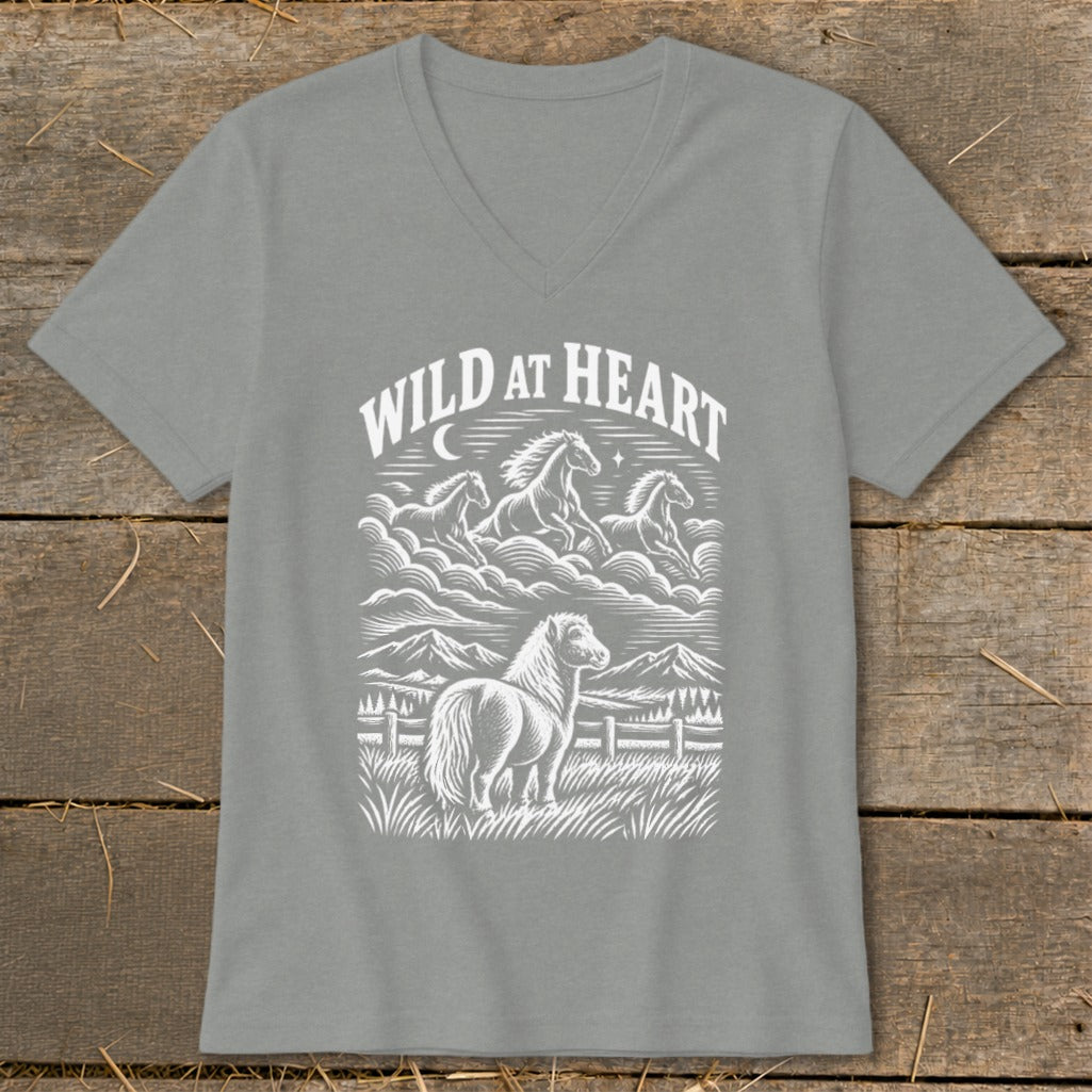 Grey v-neck t-shirt with a white line drawing of horses and text "WILD AT HEART".