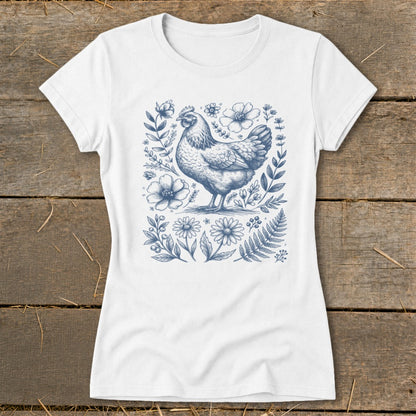 White t-shirt with a blue line drawing of a chicken surrounded by flowers and leaves.
