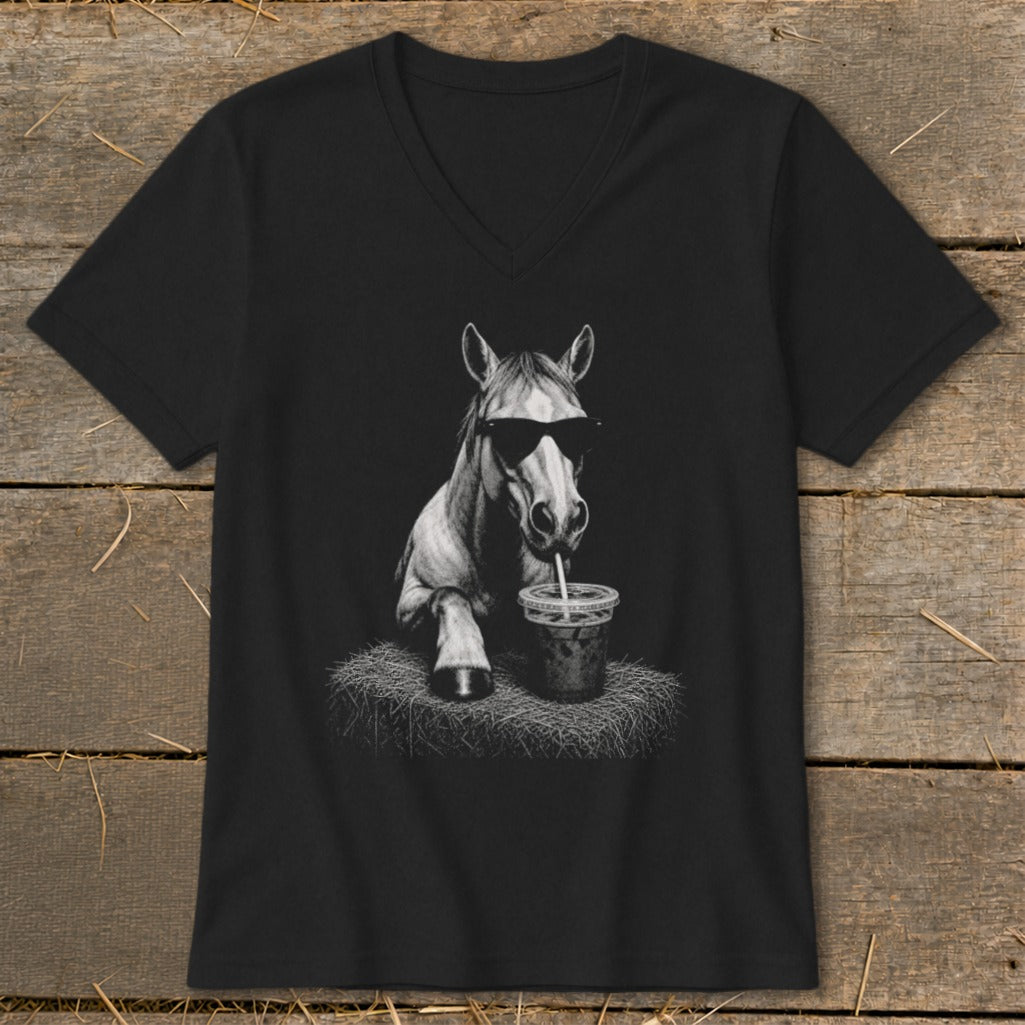 Black v-neck t-shirt with a drawing of a horse wearing sunglasses, drinking from a cup.