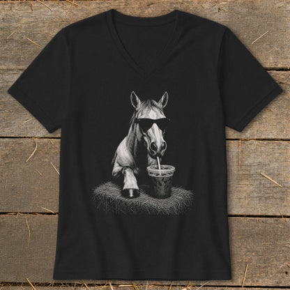 Black v-neck t-shirt with a drawing of a horse wearing sunglasses, drinking from a cup.