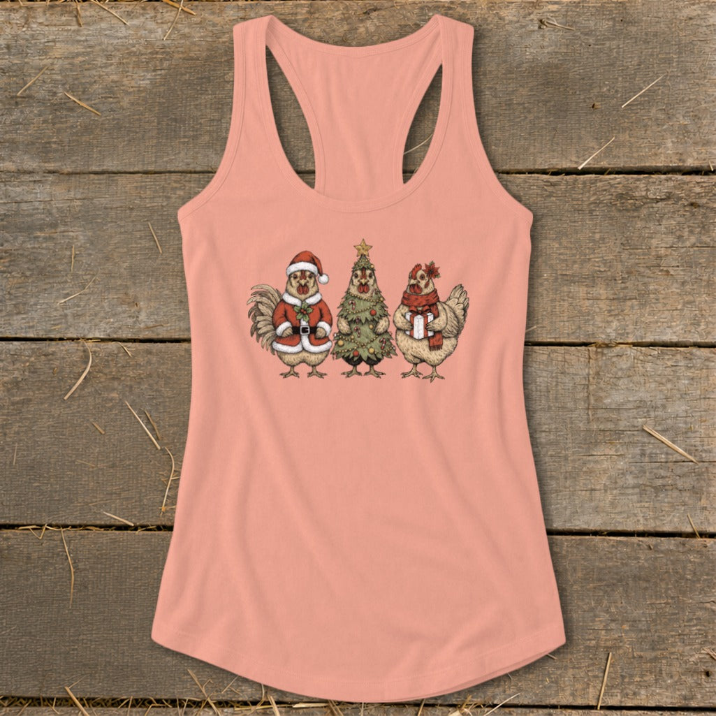 Peach tank top with graphic of three chickens dressed for Christmas.