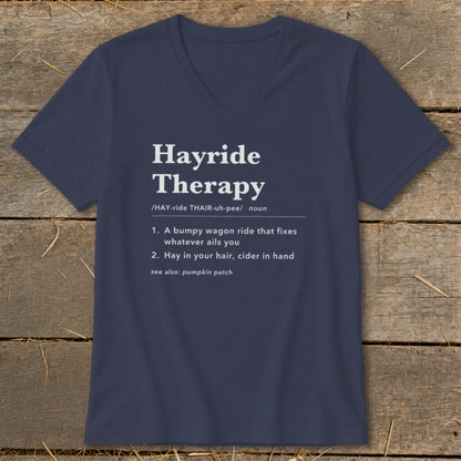 Navy v-neck t-shirt with "Hayride Therapy" definition printed in white.