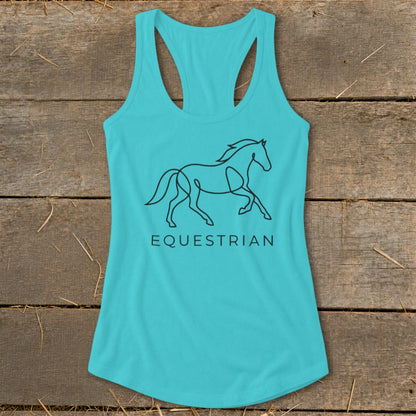 Turquoise tank top with a black outline of a running horse and the word Equestrian.