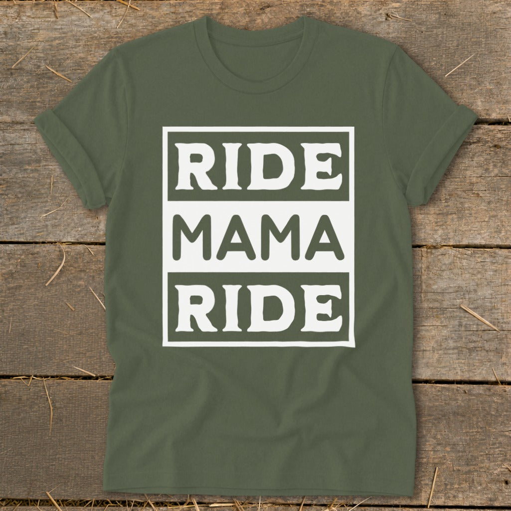 Green t-shirt with white text "RIDE MAMA RIDE" in a stacked box design.