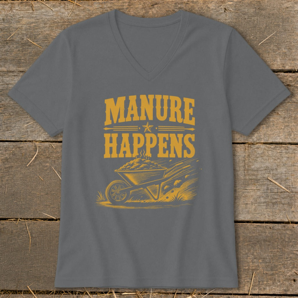 Gray t-shirt with "MANURE HAPPENS" text and a wheelbarrow graphic.