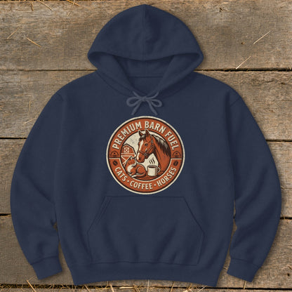 Navy hoodie with circular graphic featuring horse, cat, coffee, barn, and text.