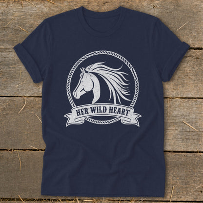 Navy t-shirt with a white graphic of a horse's head within a rope circle, with "HER WILD HEART" on a banner.