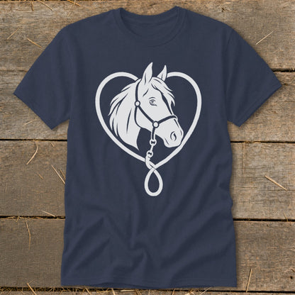 A dark blue t-shirt featuring a white graphic of a horse head inside a heart shape.