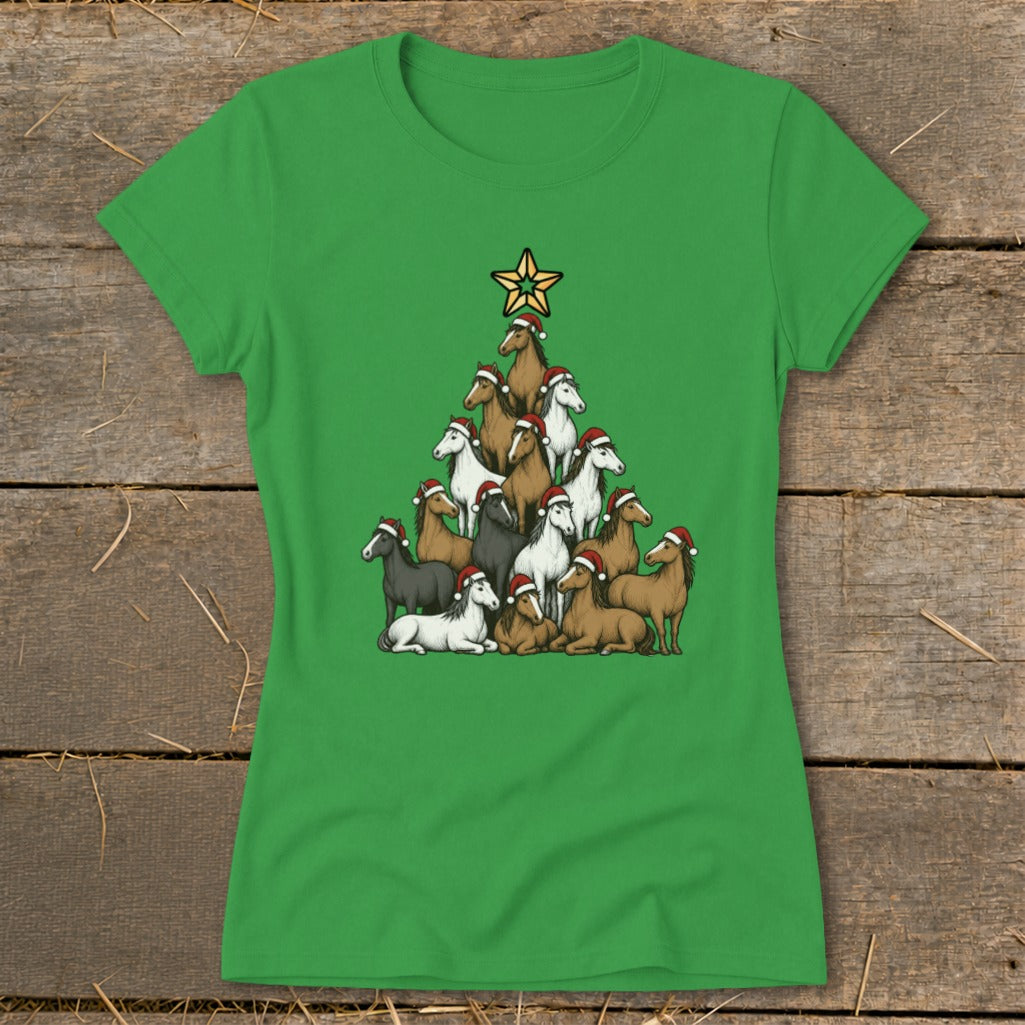 Green t-shirt with horses in Santa hats forming a Christmas tree with a star.