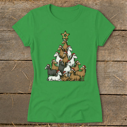 Green t-shirt with horses in Santa hats forming a Christmas tree with a star.