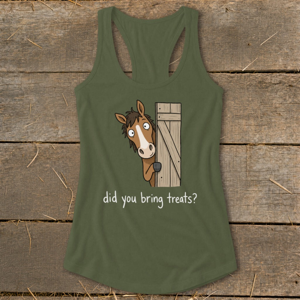 Olive green tank top with cartoon horse peeking from behind a wooden door, asking "Did you bring treats?".