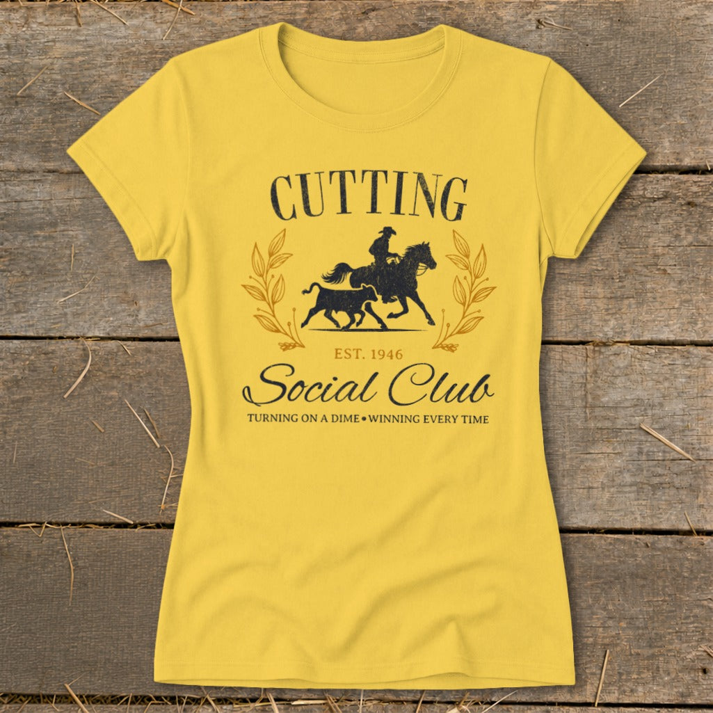 Yellow t-shirt with "Cutting Social Club" and equestrian graphic, est. 1946.