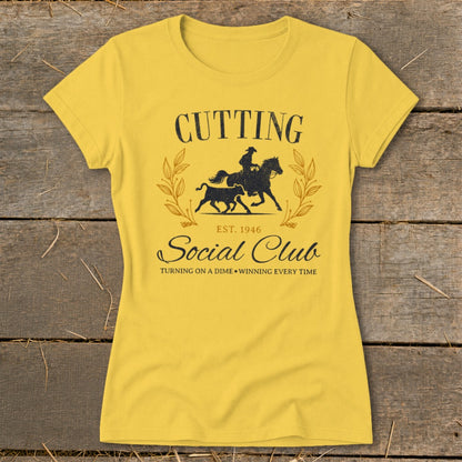 Yellow t-shirt with "Cutting Social Club" and equestrian graphic, est. 1946.