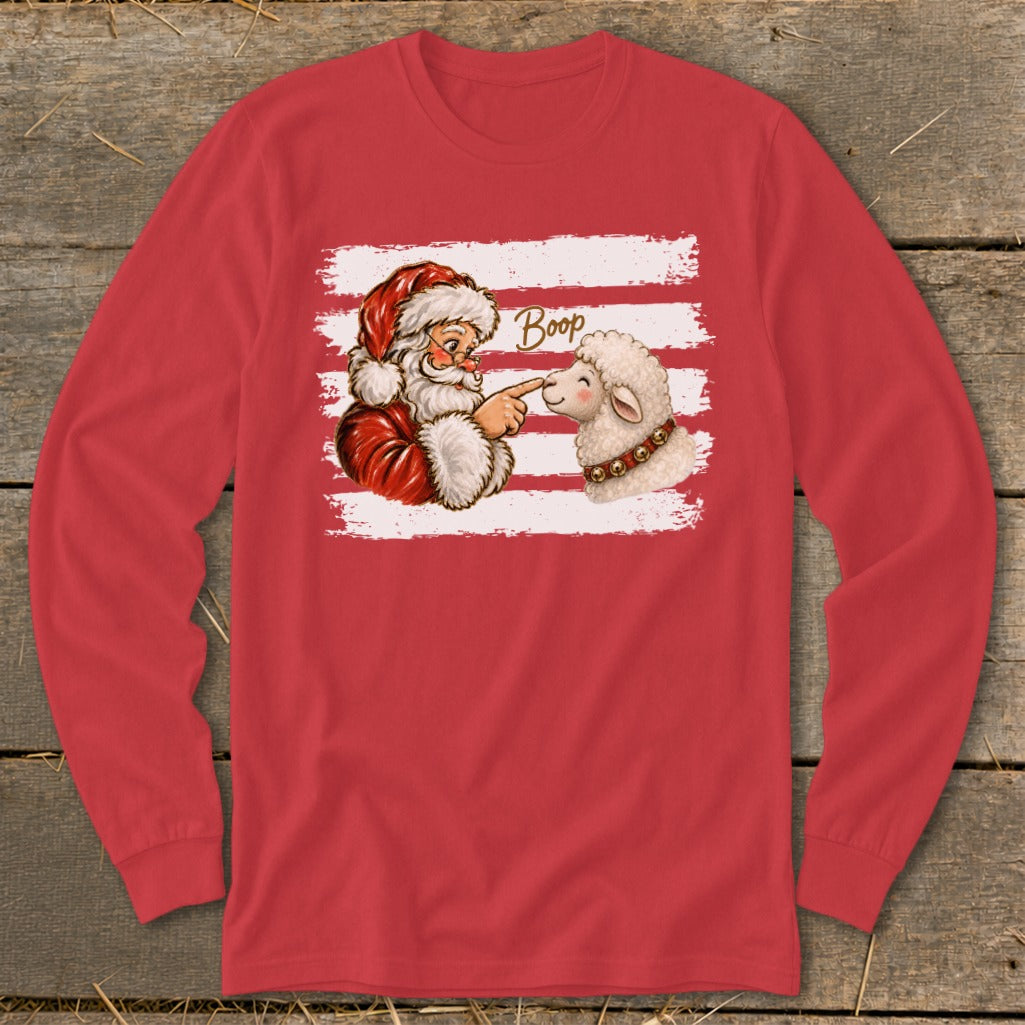 Santa booping a sheep on the nose with "Boop" text.