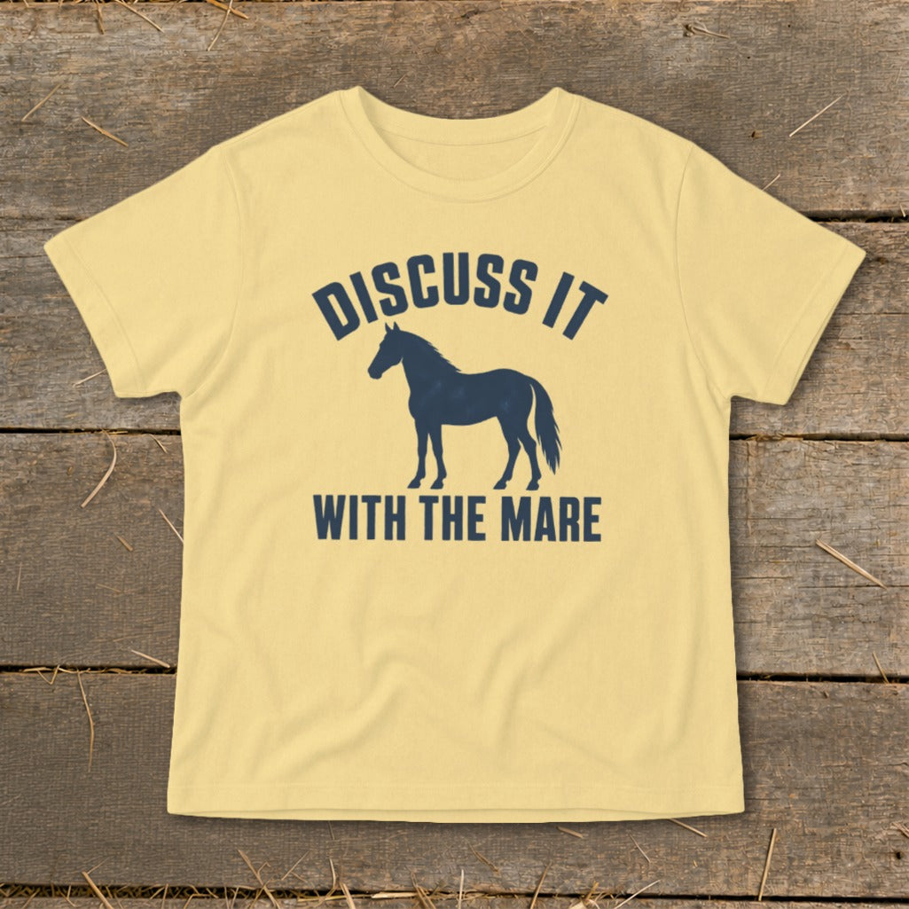 Light yellow t-shirt with dark blue text "Discuss It With The Mare" and horse silhouette.