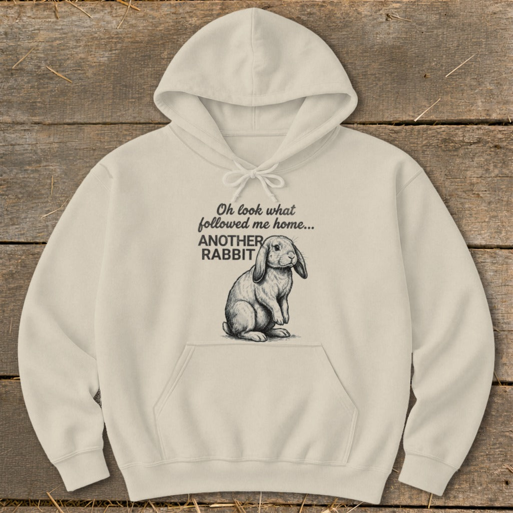 Cream hoodie with sketch of a rabbit and text "Oh look what followed me home... ANOTHER RABBIT".