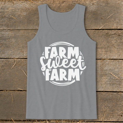 Grey tank top with white text reading "Farm Sweet Farm" inside a circular graphic.