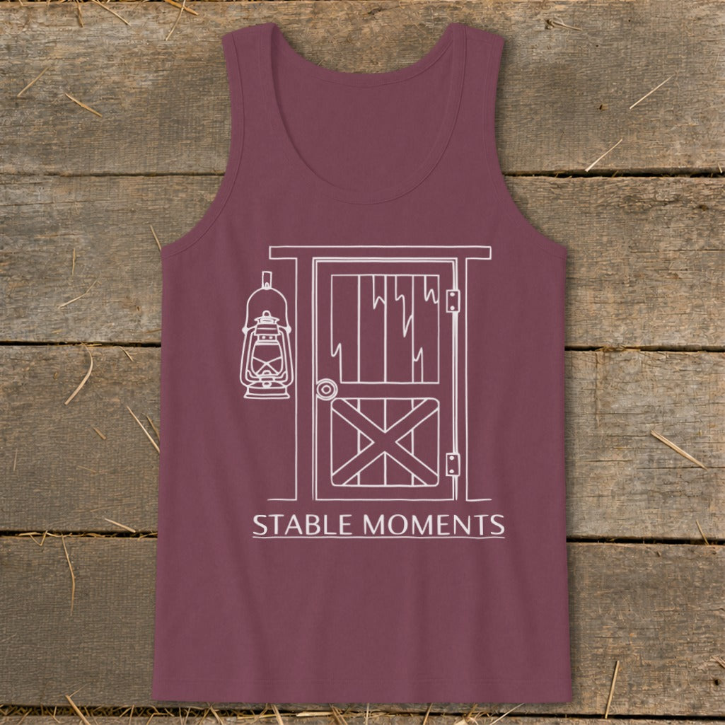 Maroon tank top with white line drawing of barn door, lantern, and text "STABLE MOMENTS".