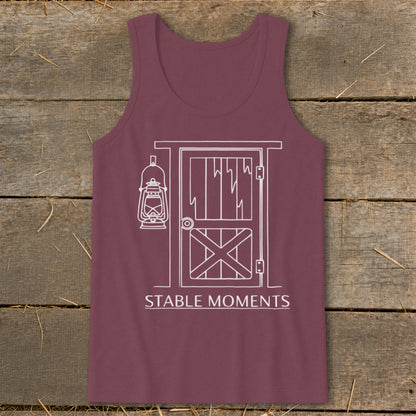 Maroon tank top with white line drawing of barn door, lantern, and text "STABLE MOMENTS".